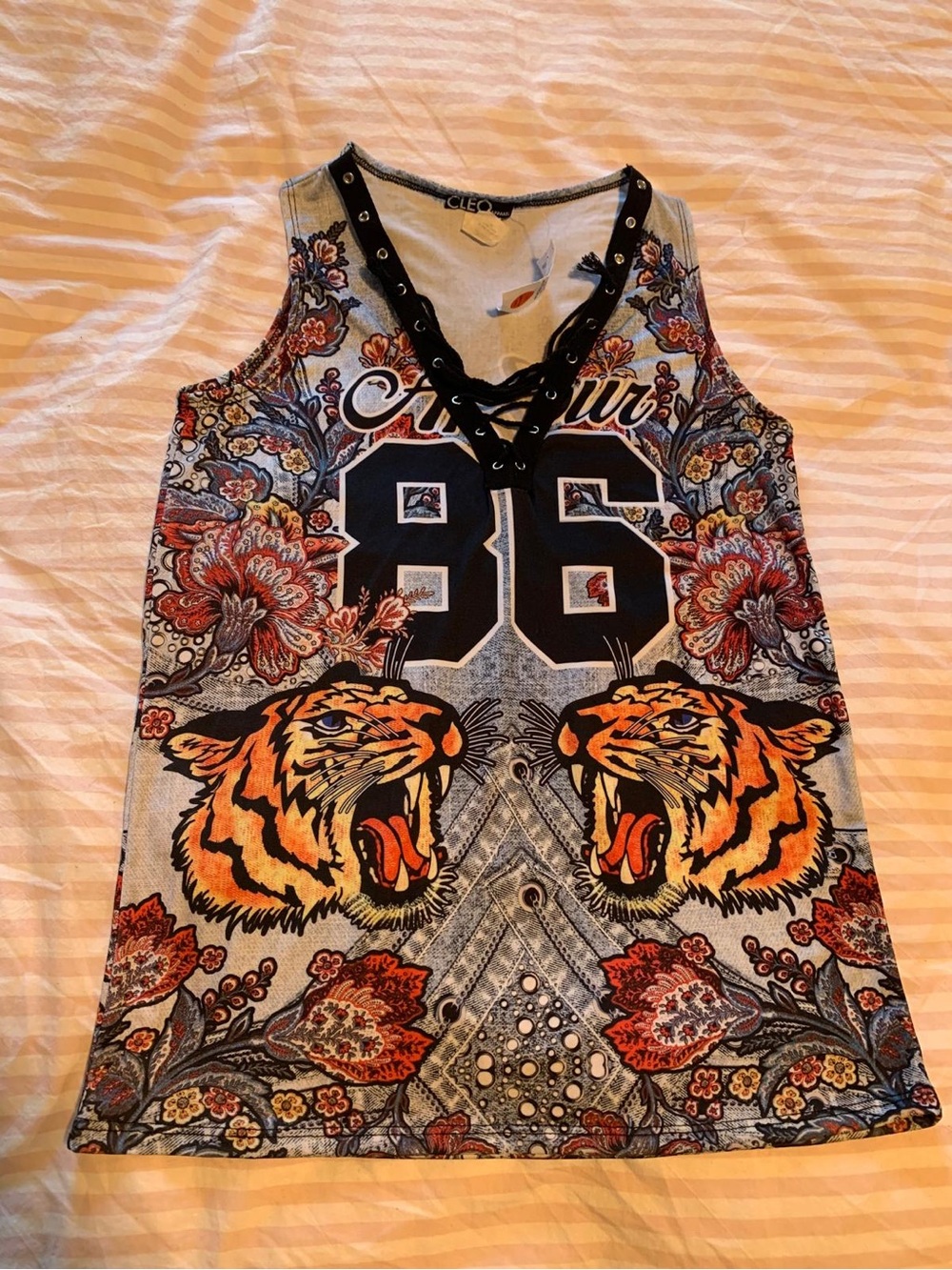 cleo Orange and Black Tiger Lace-Up Graphic Tank